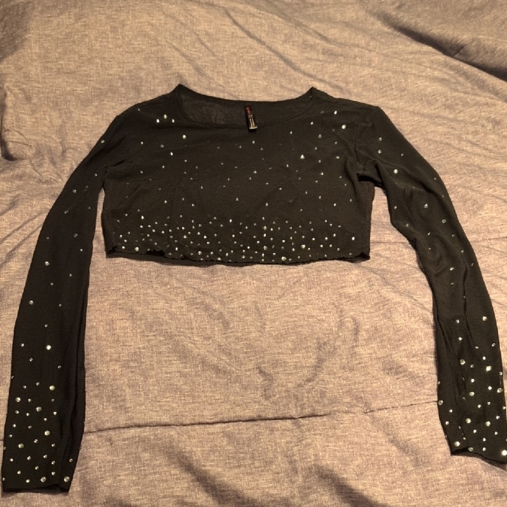 Black Long Sleeve Crop Top with White Rhinestones
